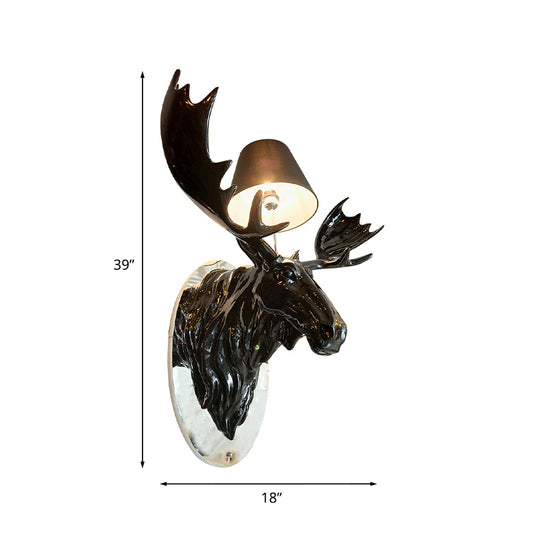 Cone Corridor Wall Light Rustic Fabric 1 Light Black Wall Sconce Lighting with Resin Deer Design Clearhalo 'Wall Lamps & Sconces' 'Wall Lights' Lighting' 784414