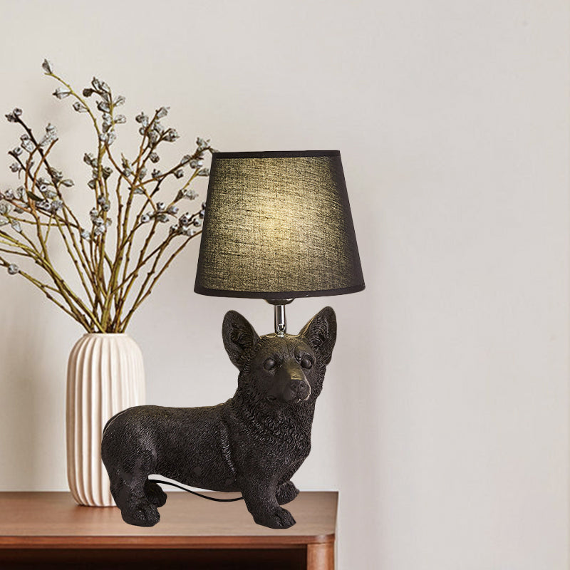 1 Bulb Fabric Night Table Light Traditional Black Drum Bedroom Nightstand Lamp with Resin Dog Base Clearhalo 'Lamps' 'Table Lamps' Lighting' 784416