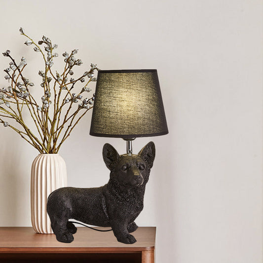 1 Bulb Fabric Night Table Light Traditional Black Drum Bedroom Nightstand Lamp with Resin Dog Base Clearhalo 'Lamps' 'Table Lamps' Lighting' 784416