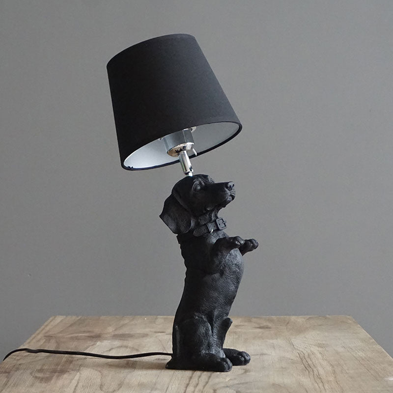 1 Bulb Fabric Night Table Light Traditional Black Drum Bedroom Nightstand Lamp with Resin Dog Base Black C Clearhalo 'Lamps' 'Table Lamps' Lighting' 784424