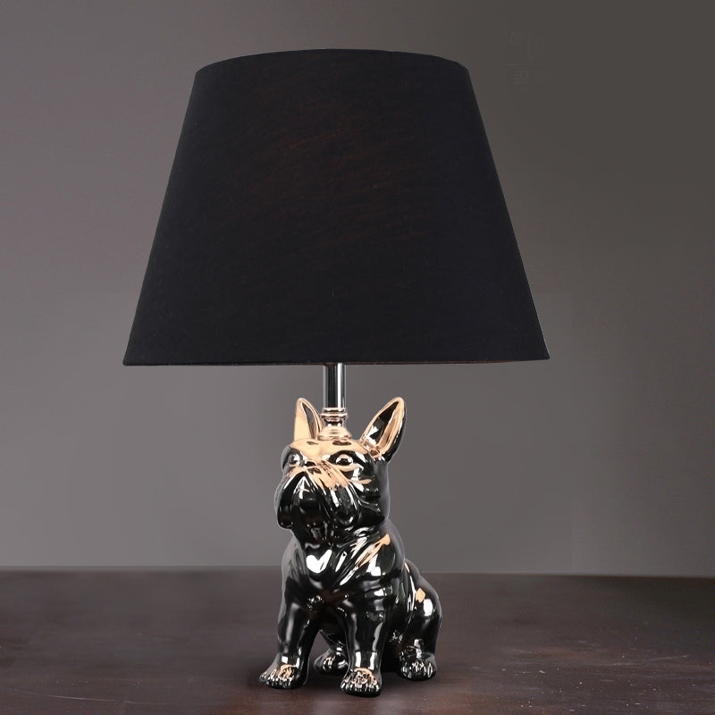 Silver/Gold 1 Head Night Lamp Traditional Resin Dog Nightstand Light with Conical Fabric Shade for Bedroom Silver Clearhalo 'Lamps' 'Table Lamps' Lighting' 784443