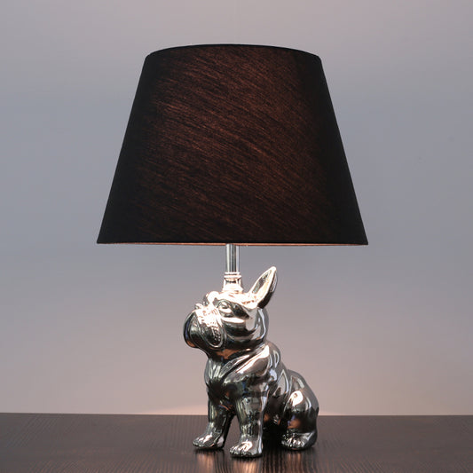 Silver/Gold 1 Head Night Lamp Traditional Resin Dog Nightstand Light with Conical Fabric Shade for Bedroom Clearhalo 'Lamps' 'Table Lamps' Lighting' 784445