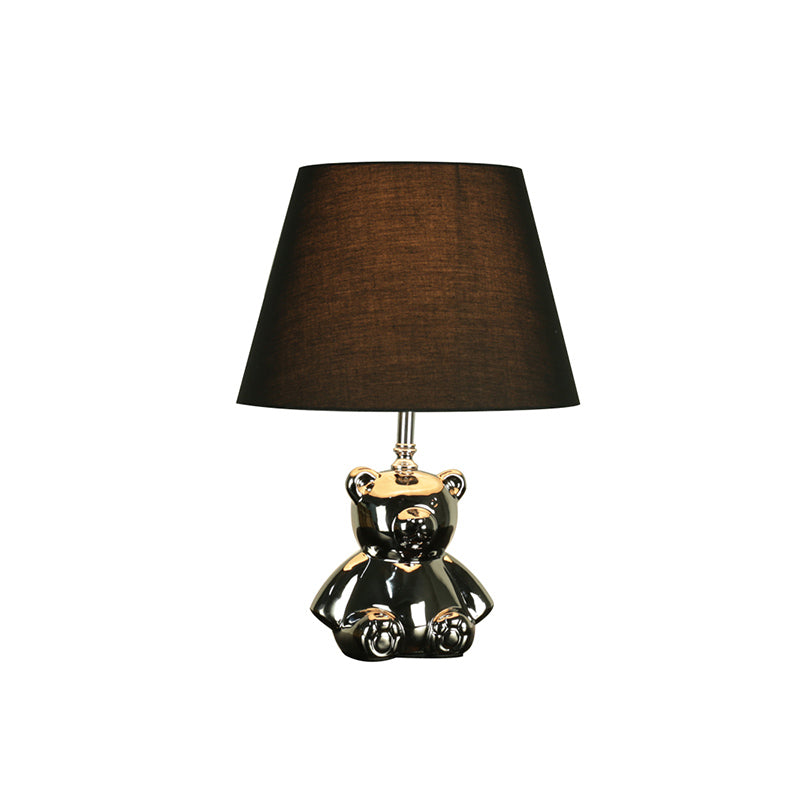 Ceramic Silver/Gold Night Lighting Bear 1 Head Countryside Table Light with Tapered Drum Fabric Shade Clearhalo 'Lamps' 'Table Lamps' Lighting' 784449