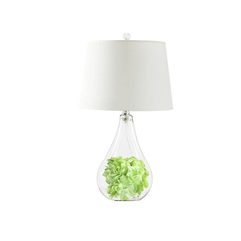 Clear Glass Bulb Shape Night Light Country 1 Light Bedroom Fabric Table Lamp with Green Plant Deco Clearhalo 'Lamps' 'Table Lamps' Lighting' 784453