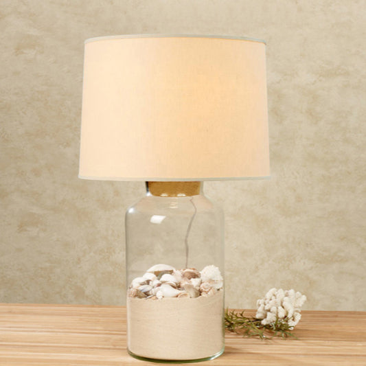White 1 Bulb Night Table Light Traditional Fabric Barrel Night Lamp with Can-Shape Clear Glass Base White Clearhalo 'Lamps' 'Table Lamps' Lighting' 784469