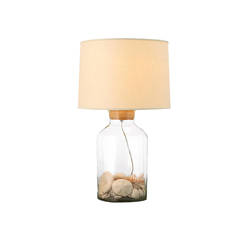 White 1 Bulb Night Table Light Traditional Fabric Barrel Night Lamp with Can-Shape Clear Glass Base Clearhalo 'Lamps' 'Table Lamps' Lighting' 784471