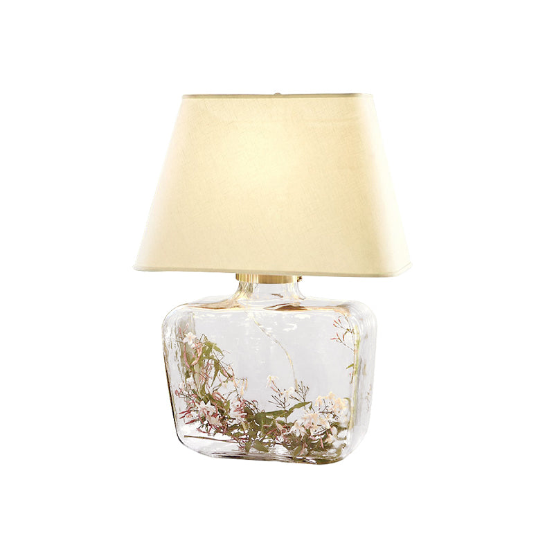 Country-Style Jar Shape Table Lamp 1-Head Clear Glass Night Light with Trapezoid White Fabric Shade Clearhalo 'Lamps' 'Table Lamps' Lighting' 784479