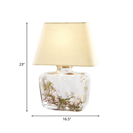 Country-Style Jar Shape Table Lamp 1-Head Clear Glass Night Light with Trapezoid White Fabric Shade Clearhalo 'Lamps' 'Table Lamps' Lighting' 784480
