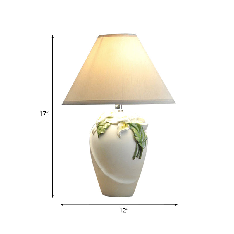 Resin Calla Lily Table Light Country 1-Bulb Bedside Nightstand Lamp in White with Cone Fabric Shade Clearhalo 'Lamps' 'Table Lamps' Lighting' 784488