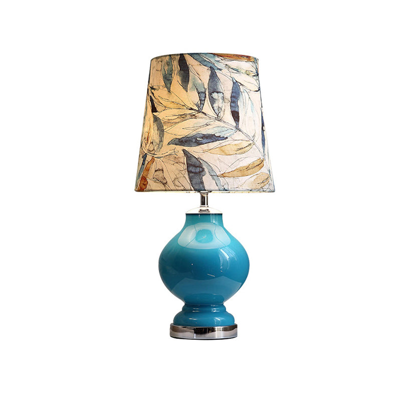 Blue 1 Light Nightstand Light Modernist Printing Fabric Barrel Night Table Lamp for Bedside Clearhalo 'Lamps' 'Table Lamps' Lighting' 784491