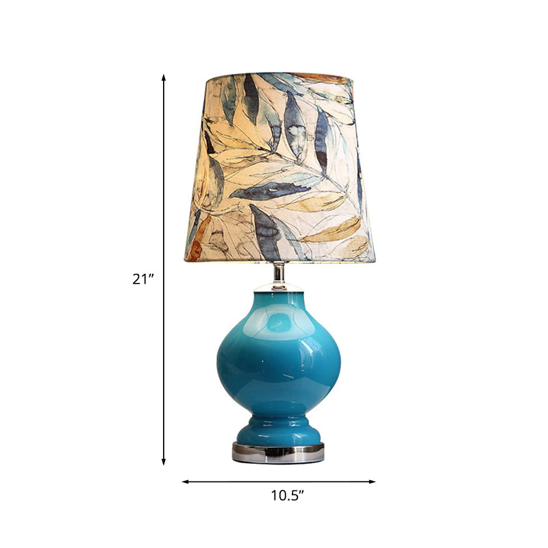 Blue 1 Light Nightstand Light Modernist Printing Fabric Barrel Night Table Lamp for Bedside Clearhalo 'Lamps' 'Table Lamps' Lighting' 784492