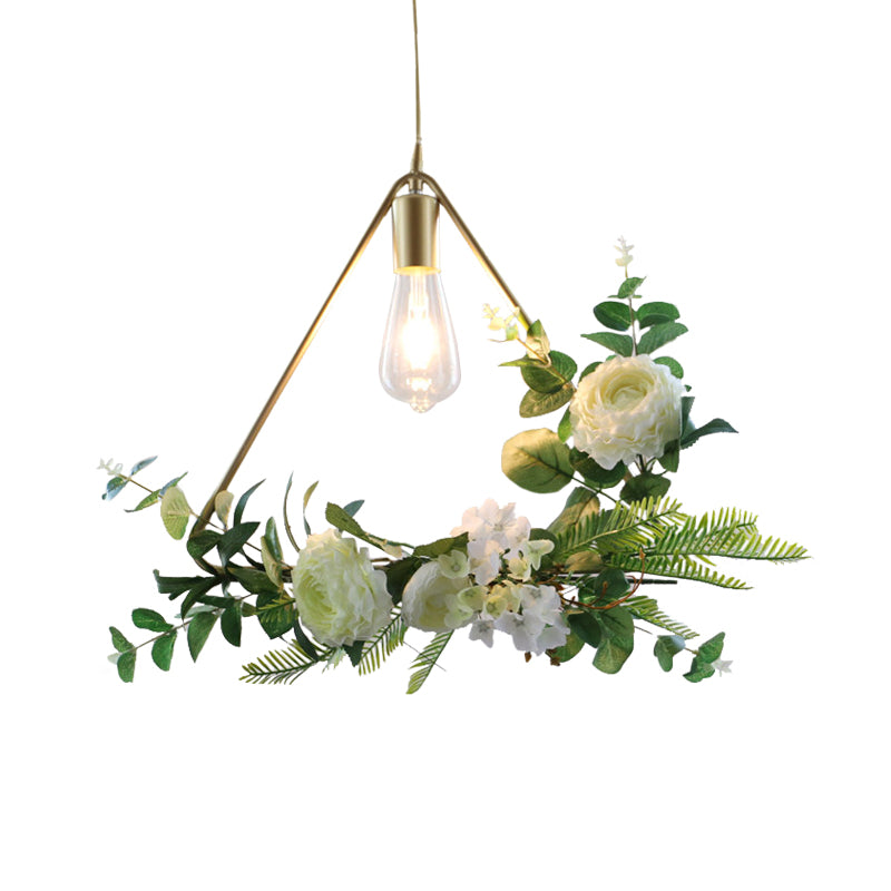 Farmhouse Fake Floral Ceiling Lamp 1 Light Metallic Pendant Light in Green with Triangle/Square/Linear Frame Clearhalo 'Art Deco Pendants' 'Cast Iron' 'Ceiling Lights' 'Ceramic' 'Crystal' 'Industrial Pendants' 'Industrial' 'Metal' 'Middle Century Pendants' 'Pendant Lights' 'Pendants' 'Tiffany' Lighting' 784509