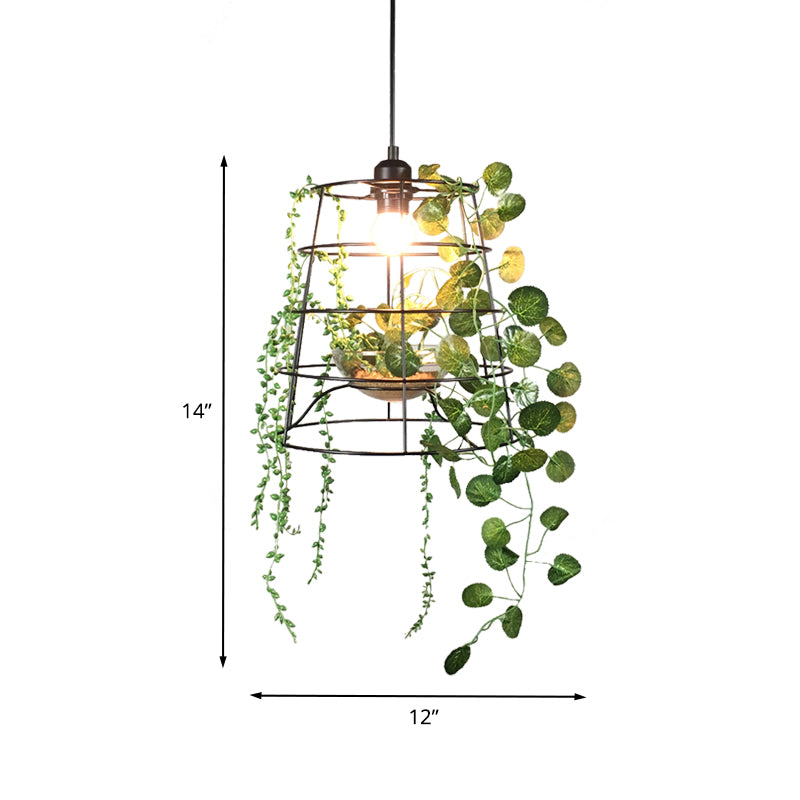 1 Light Pendant Light Antiqued Bucket Cage Metallic Hanging Lighting in Black with Artificial Vine/Succulent Clearhalo 'Art Deco Pendants' 'Black' 'Cast Iron' 'Ceiling Lights' 'Ceramic' 'Crystal' 'Industrial Pendants' 'Industrial' 'Metal' 'Middle Century Pendants' 'Pendant Lights' 'Pendants' 'Rustic Pendants' 'Tiffany' Lighting' 784597