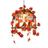 Red 1-Light Hanging Pendant Farm Style Metallic Birdcage Suspension Lamp with Fake Maple Leaf Deco Clearhalo 'Art Deco Pendants' 'Cast Iron' 'Ceiling Lights' 'Ceramic' 'Crystal' 'Industrial Pendants' 'Industrial' 'Metal' 'Middle Century Pendants' 'Pendant Lights' 'Pendants' 'Tiffany' Lighting' 784616