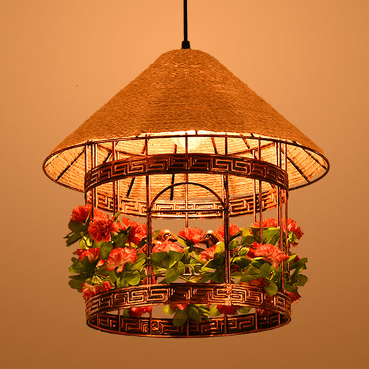 1-Bulb House Pendant Ceiling Light Vintage Black/Rust Finish Rope Hanging Lamp Kit with Flower/Vine Deco Clearhalo 'Art Deco Pendants' 'Black' 'Cast Iron' 'Ceiling Lights' 'Ceramic' 'Crystal' 'Industrial Pendants' 'Industrial' 'Metal' 'Middle Century Pendants' 'Pendant Lights' 'Pendants' 'Rustic Pendants' 'Tiffany' Lighting' 784628