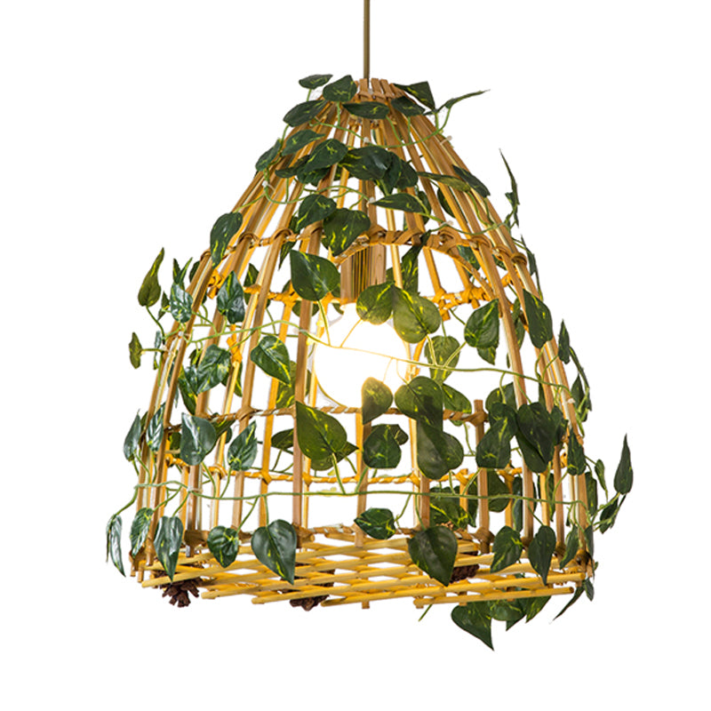 1-Head Pendant Light Kit Antiqued Bell Cage Bamboo Suspension Lamp in Beige with Fake Plant Deco Clearhalo 'Ceiling Lights' 'Industrial Pendants' 'Industrial' 'Middle Century Pendants' 'Pendant Lights' 'Pendants' 'Tiffany' Lighting' 784636