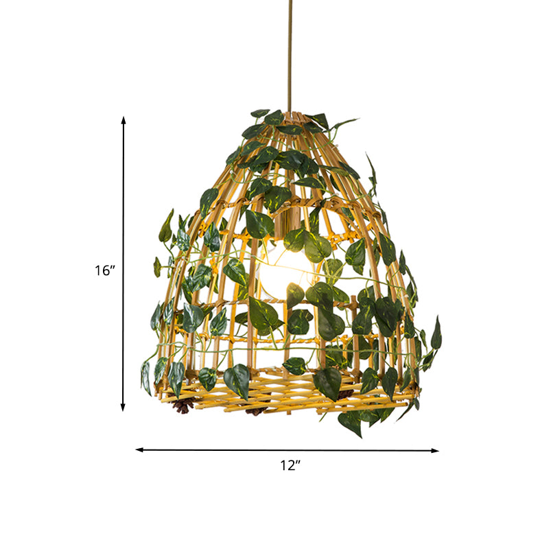 1-Head Pendant Light Kit Antiqued Bell Cage Bamboo Suspension Lamp in Beige with Fake Plant Deco Clearhalo 'Ceiling Lights' 'Industrial Pendants' 'Industrial' 'Middle Century Pendants' 'Pendant Lights' 'Pendants' 'Tiffany' Lighting' 784637
