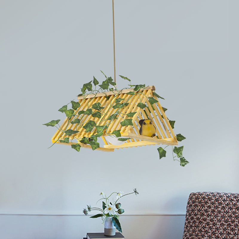 Red/Green Roof Pendant Lamp Retro Style Bamboo 1 Light Dining Room Hanging Light Fixture with Plant Deco Clearhalo 'Ceiling Lights' 'Industrial Pendants' 'Industrial' 'Middle Century Pendants' 'Pendant Lights' 'Pendants' 'Tiffany' Lighting' 784639