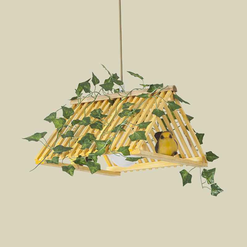 Red/Green Roof Pendant Lamp Retro Style Bamboo 1 Light Dining Room Hanging Light Fixture with Plant Deco Clearhalo 'Ceiling Lights' 'Industrial Pendants' 'Industrial' 'Middle Century Pendants' 'Pendant Lights' 'Pendants' 'Tiffany' Lighting' 784640