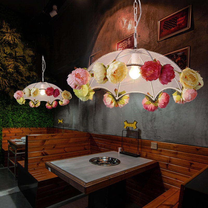 White 1 Light Hanging Lighting Antiqued PVC Umbrella Pendant Light Kit with Artificial Flower Deco Clearhalo 'Ceiling Lights' 'Industrial Pendants' 'Industrial' 'Middle Century Pendants' 'Pendant Lights' 'Pendants' 'Tiffany' Lighting' 784667