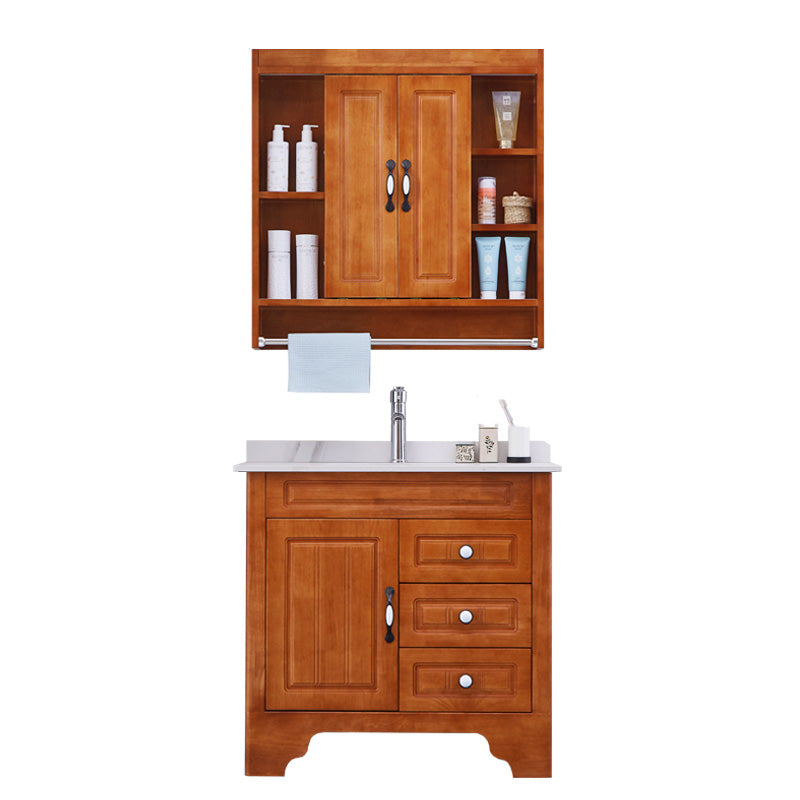 Traditional Wood Sink Vanity Freestanding Bathroom Vanity Set with Mirror Vanity & Faucet & Mirror Cabinet 31.9"L x 18.9"W x 31.9"H Stone Clearhalo 'Bathroom Remodel & Bathroom Fixtures' 'Bathroom Vanities' 'bathroom_vanities' 'Home Improvement' 'home_improvement' 'home_improvement_bathroom_vanities' 7846734