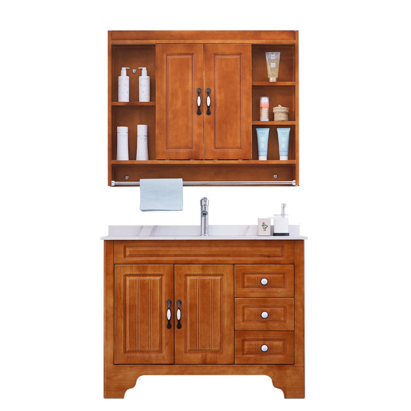 Traditional Wood Sink Vanity Freestanding Bathroom Vanity Set with Mirror Vanity & Faucet & Mirror Cabinet 35.8"L x 18.9"W x 31.9"H Stone Clearhalo 'Bathroom Remodel & Bathroom Fixtures' 'Bathroom Vanities' 'bathroom_vanities' 'Home Improvement' 'home_improvement' 'home_improvement_bathroom_vanities' 7846736