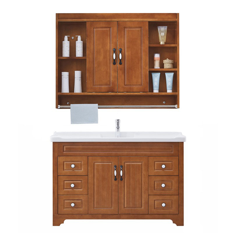 Traditional Wood Sink Vanity Freestanding Bathroom Vanity Set with Mirror Vanity & Faucet & Mirror Cabinet 44"L x 19"W x 31"H Ceramic Clearhalo 'Bathroom Remodel & Bathroom Fixtures' 'Bathroom Vanities' 'bathroom_vanities' 'Home Improvement' 'home_improvement' 'home_improvement_bathroom_vanities' 7846746