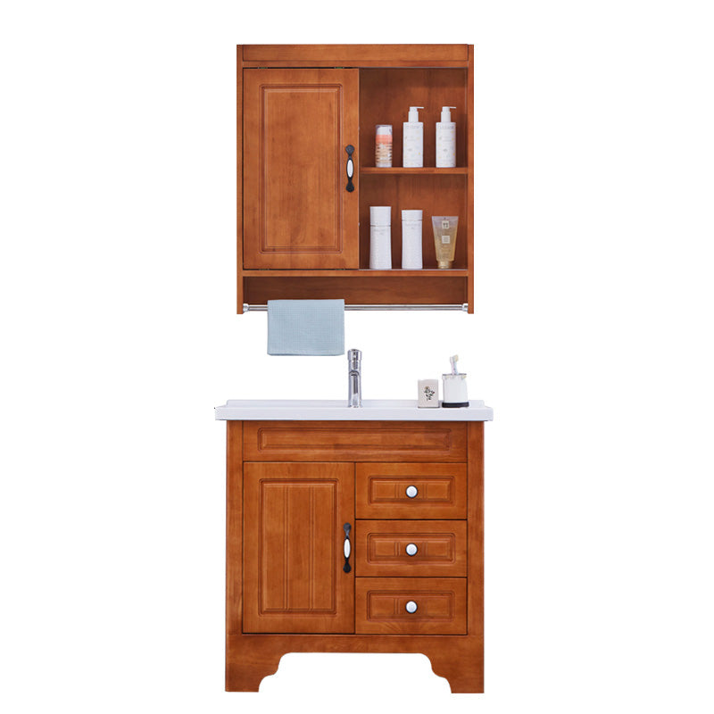 Traditional Wood Sink Vanity Freestanding Bathroom Vanity Set with Mirror Vanity & Faucet & Mirror Cabinet 28"L x 18.9"W x 31.9"H Ceramic Clearhalo 'Bathroom Remodel & Bathroom Fixtures' 'Bathroom Vanities' 'bathroom_vanities' 'Home Improvement' 'home_improvement' 'home_improvement_bathroom_vanities' 7846749