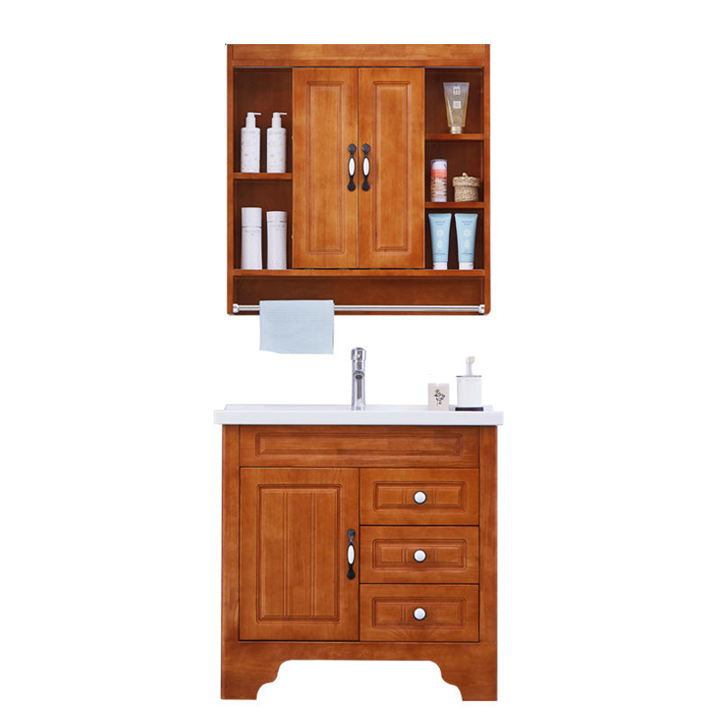 Traditional Wood Sink Vanity Freestanding Bathroom Vanity Set with Mirror Vanity & Faucet & Mirror Cabinet 31.9"L x 18.9"W x 31.9"H Ceramic Clearhalo 'Bathroom Remodel & Bathroom Fixtures' 'Bathroom Vanities' 'bathroom_vanities' 'Home Improvement' 'home_improvement' 'home_improvement_bathroom_vanities' 7846751