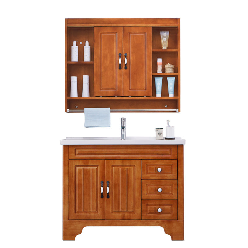 Traditional Wood Sink Vanity Freestanding Bathroom Vanity Set with Mirror Vanity & Faucet & Mirror Cabinet 35.8"L x 18.9"W x 31.9"H Ceramic Clearhalo 'Bathroom Remodel & Bathroom Fixtures' 'Bathroom Vanities' 'bathroom_vanities' 'Home Improvement' 'home_improvement' 'home_improvement_bathroom_vanities' 7846752