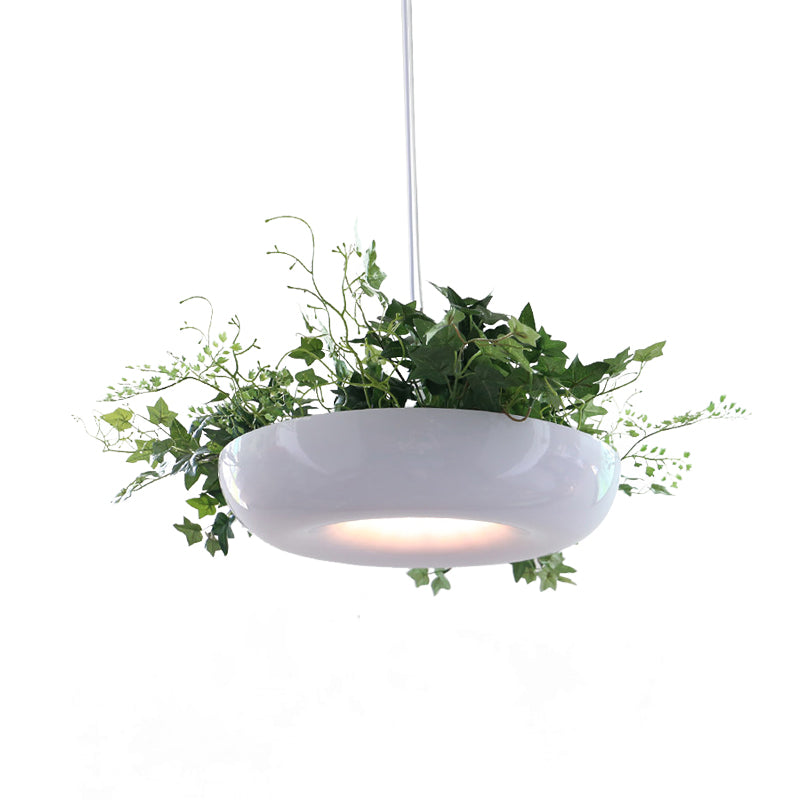 Warehouse Donut Pendant Light 1 Light Metallic Suspension Lighting in White with Green Vine Deco Clearhalo 'Art Deco Pendants' 'Cast Iron' 'Ceiling Lights' 'Ceramic' 'Crystal' 'Industrial Pendants' 'Industrial' 'Metal' 'Middle Century Pendants' 'Pendant Lights' 'Pendants' 'Tiffany' Lighting' 784684