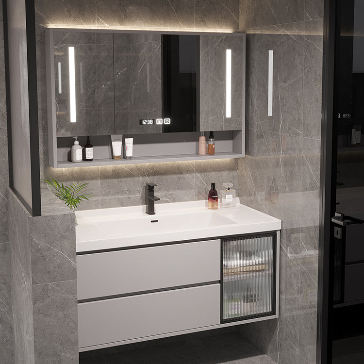 Wall Mount Vanity White Wood Frame Soft Close Drawers Single Sink Vanity with Mirror Clearhalo 'Bathroom Remodel & Bathroom Fixtures' 'Bathroom Vanities' 'bathroom_vanities' 'Home Improvement' 'home_improvement' 'home_improvement_bathroom_vanities' 7846871