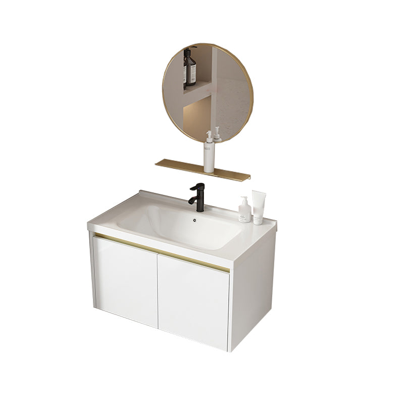 Wall Mount Bath Vanity White Rectangular Single Sink Mirror Metal Frame Vanity with Doors Vanity & Faucet & Round Mirror Clearhalo 'Bathroom Remodel & Bathroom Fixtures' 'Bathroom Vanities' 'bathroom_vanities' 'Home Improvement' 'home_improvement' 'home_improvement_bathroom_vanities' 7846950