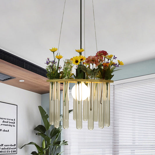 Beige Tubular Ceiling Lamp Loft Clear Glass 12"/19.5" W 1 Head Plant Hanging Pendant Light with Wood Circle Clear 12" Clearhalo 'Ceiling Lights' 'Glass shade' 'Glass' 'Industrial Pendants' 'Industrial' 'Island Lights' 'Middle Century Pendants' 'Pendant Lights' 'Pendants' 'Tiffany' Lighting' 784759