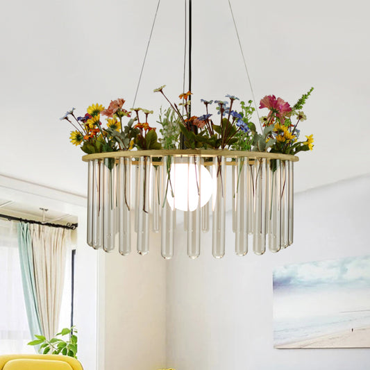 Beige Tubular Ceiling Lamp Loft Clear Glass 12"/19.5" W 1 Head Plant Hanging Pendant Light with Wood Circle Clear 19.5" Clearhalo 'Ceiling Lights' 'Glass shade' 'Glass' 'Industrial Pendants' 'Industrial' 'Island Lights' 'Middle Century Pendants' 'Pendant Lights' 'Pendants' 'Tiffany' Lighting' 784763