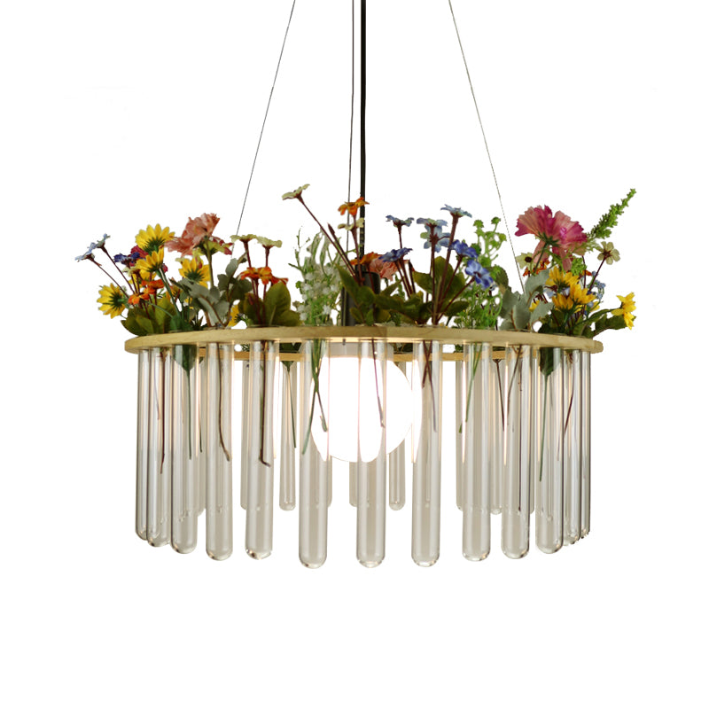 Beige Tubular Ceiling Lamp Loft Clear Glass 12"/19.5" W 1 Head Plant Hanging Pendant Light with Wood Circle Clearhalo 'Ceiling Lights' 'Glass shade' 'Glass' 'Industrial Pendants' 'Industrial' 'Island Lights' 'Middle Century Pendants' 'Pendant Lights' 'Pendants' 'Tiffany' Lighting' 784765