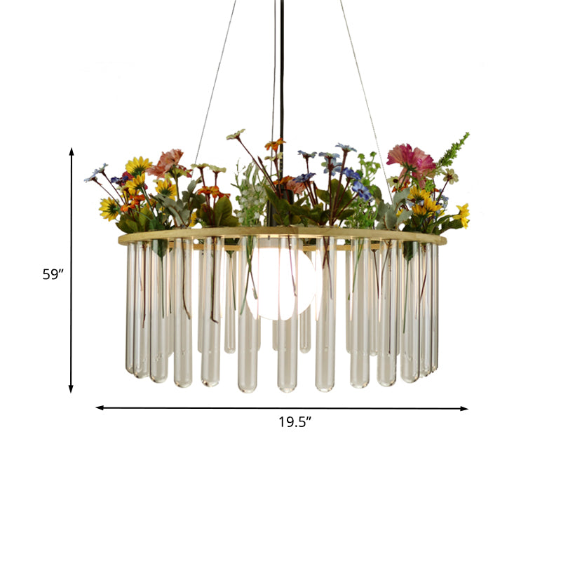 Beige Tubular Ceiling Lamp Loft Clear Glass 12"/19.5" W 1 Head Plant Hanging Pendant Light with Wood Circle Clearhalo 'Ceiling Lights' 'Glass shade' 'Glass' 'Industrial Pendants' 'Industrial' 'Island Lights' 'Middle Century Pendants' 'Pendant Lights' 'Pendants' 'Tiffany' Lighting' 784767