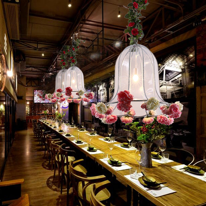 Bell Metallic Hanging Light Kit Warehouse 1 Bulb Restaurant Pendant Lamp with Artificial Flower Deco Clear Clearhalo 'Ceiling Lights' 'Glass shade' 'Glass' 'Industrial Pendants' 'Industrial' 'Middle Century Pendants' 'Pendant Lights' 'Pendants' 'Tiffany' Lighting' 784930