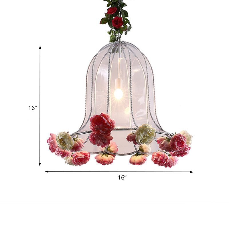 Bell Metallic Hanging Light Kit Warehouse 1 Bulb Restaurant Pendant Lamp with Artificial Flower Deco Clearhalo 'Ceiling Lights' 'Glass shade' 'Glass' 'Industrial Pendants' 'Industrial' 'Middle Century Pendants' 'Pendant Lights' 'Pendants' 'Tiffany' Lighting' 784933