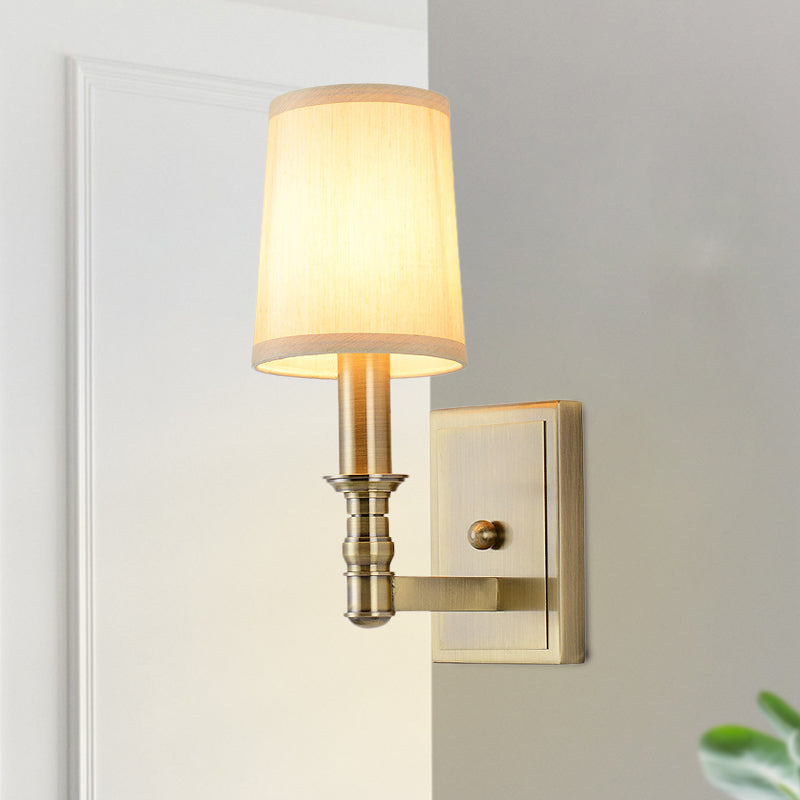 1/2-Light Wall Light Fixture Country Corridor Wall Mounted Lamp with Cylinder Fabric Shade in Brass Clearhalo 'Wall Lamps & Sconces' 'Wall Lights' Lighting' 784972