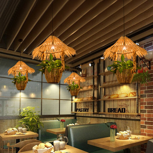 1 Head Rattan Pendant Lighting Industrial Brown Hut Plant Pot Restaurant Pendulum Light Brown A Clearhalo 'Ceiling Lights' 'Industrial Pendants' 'Industrial' 'Middle Century Pendants' 'Pendant Lights' 'Pendants' 'Tiffany' Lighting' 784976