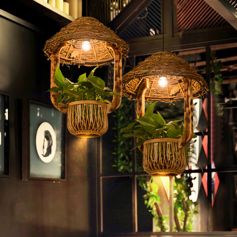 1 Head Rattan Pendant Lighting Industrial Brown Hut Plant Pot Restaurant Pendulum Light Brown B Clearhalo 'Ceiling Lights' 'Industrial Pendants' 'Industrial' 'Middle Century Pendants' 'Pendant Lights' 'Pendants' 'Tiffany' Lighting' 784980