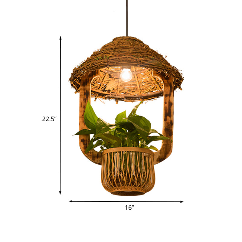 1 Head Rattan Pendant Lighting Industrial Brown Hut Plant Pot Restaurant Pendulum Light Clearhalo 'Ceiling Lights' 'Industrial Pendants' 'Industrial' 'Middle Century Pendants' 'Pendant Lights' 'Pendants' 'Tiffany' Lighting' 784984