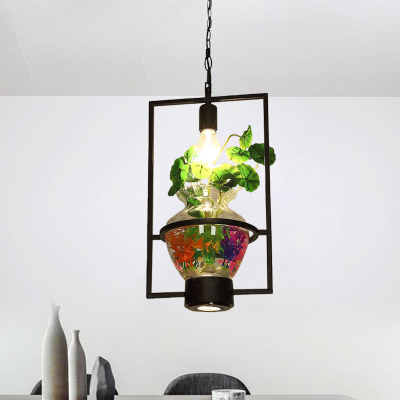 Black Round/Square Frame Hanging Lamp Factory Metallic 1 Head Dining Room Pendant Lighting Fixture with Urn Plant Pot Black Rectangle Clearhalo 'Art Deco Pendants' 'Black' 'Cast Iron' 'Ceiling Lights' 'Ceramic' 'Crystal' 'Industrial Pendants' 'Industrial' 'Metal' 'Middle Century Pendants' 'Pendant Lights' 'Pendants' 'Rustic Pendants' 'Tiffany' Lighting' 784998