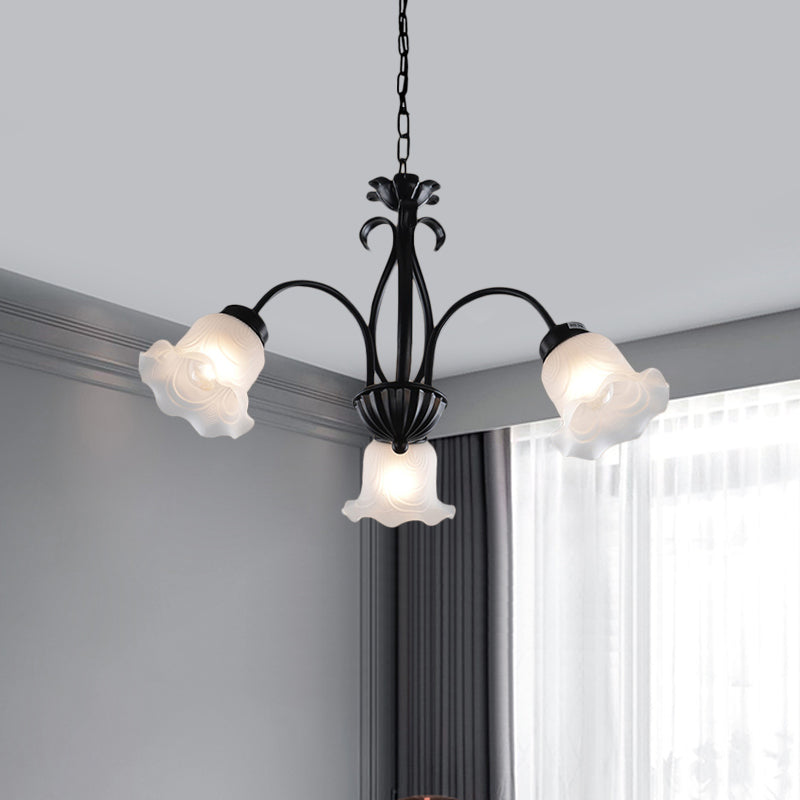 Country Floral Chandelier Lamp 5/6/8 Heads Frosted Glass Pendant Light Fixture in Black with Twisted Arm Clearhalo 'Ceiling Lights' 'Chandeliers' Lighting' options 785003