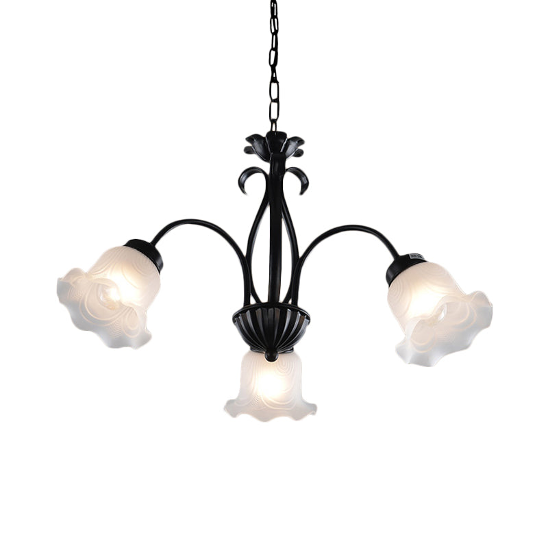 Country Floral Chandelier Lamp 5/6/8 Heads Frosted Glass Pendant Light Fixture in Black with Twisted Arm Clearhalo 'Ceiling Lights' 'Chandeliers' Lighting' options 785004