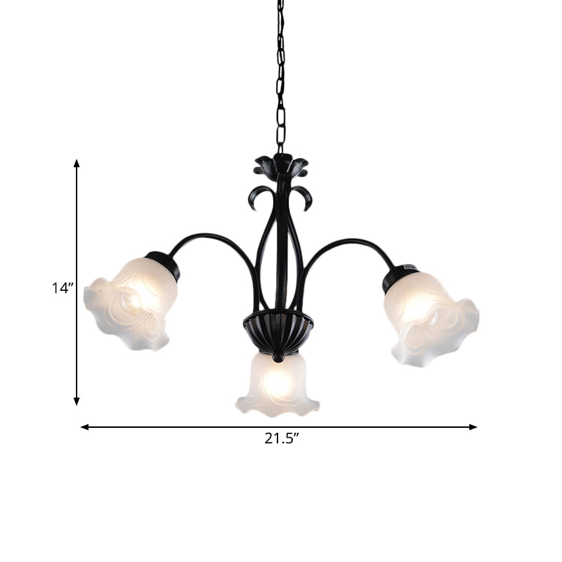 Country Floral Chandelier Lamp 5/6/8 Heads Frosted Glass Pendant Light Fixture in Black with Twisted Arm Clearhalo 'Ceiling Lights' 'Chandeliers' Lighting' options 785006