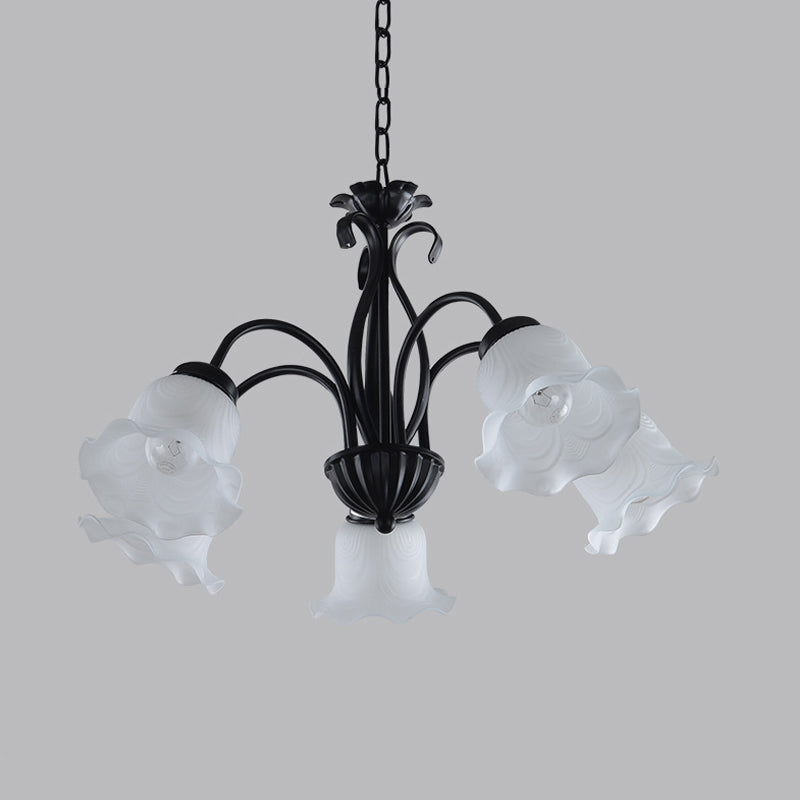 Country Floral Chandelier Lamp 5/6/8 Heads Frosted Glass Pendant Light Fixture in Black with Twisted Arm Clearhalo 'Ceiling Lights' 'Chandeliers' Lighting' options 785010