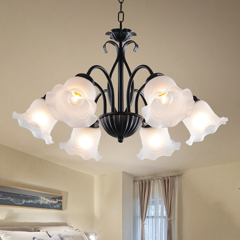 Country Floral Chandelier Lamp 5/6/8 Heads Frosted Glass Pendant Light Fixture in Black with Twisted Arm Clearhalo 'Ceiling Lights' 'Chandeliers' Lighting' options 785012