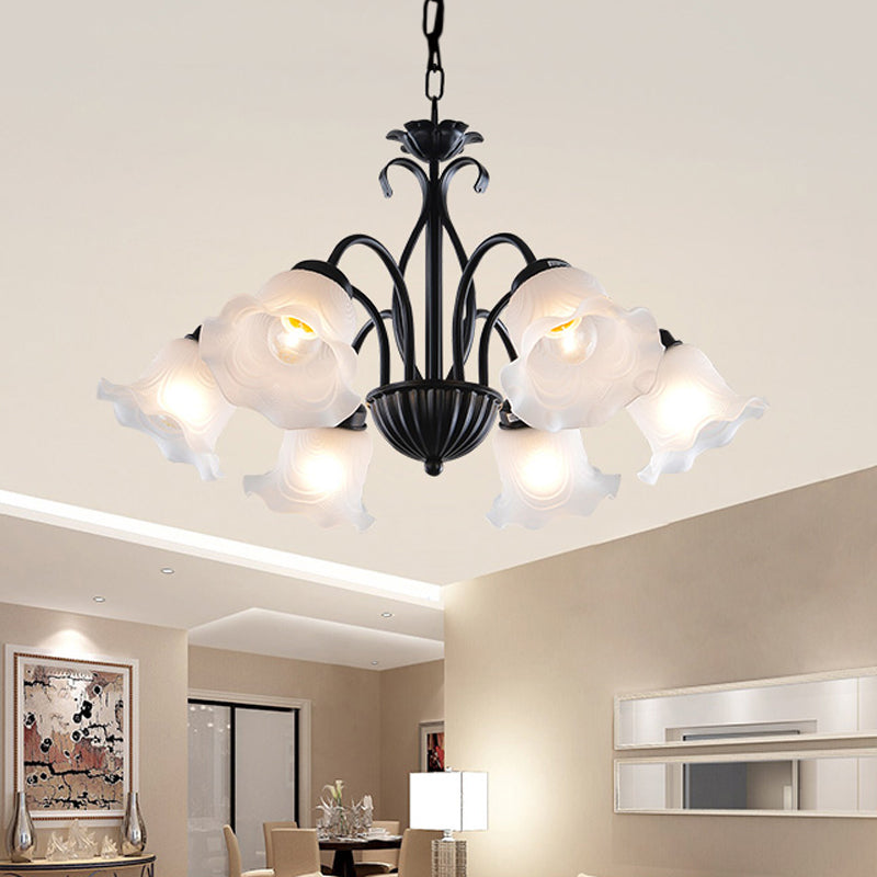 Country Floral Chandelier Lamp 5/6/8 Heads Frosted Glass Pendant Light Fixture in Black with Twisted Arm Clearhalo 'Ceiling Lights' 'Chandeliers' Lighting' options 785013